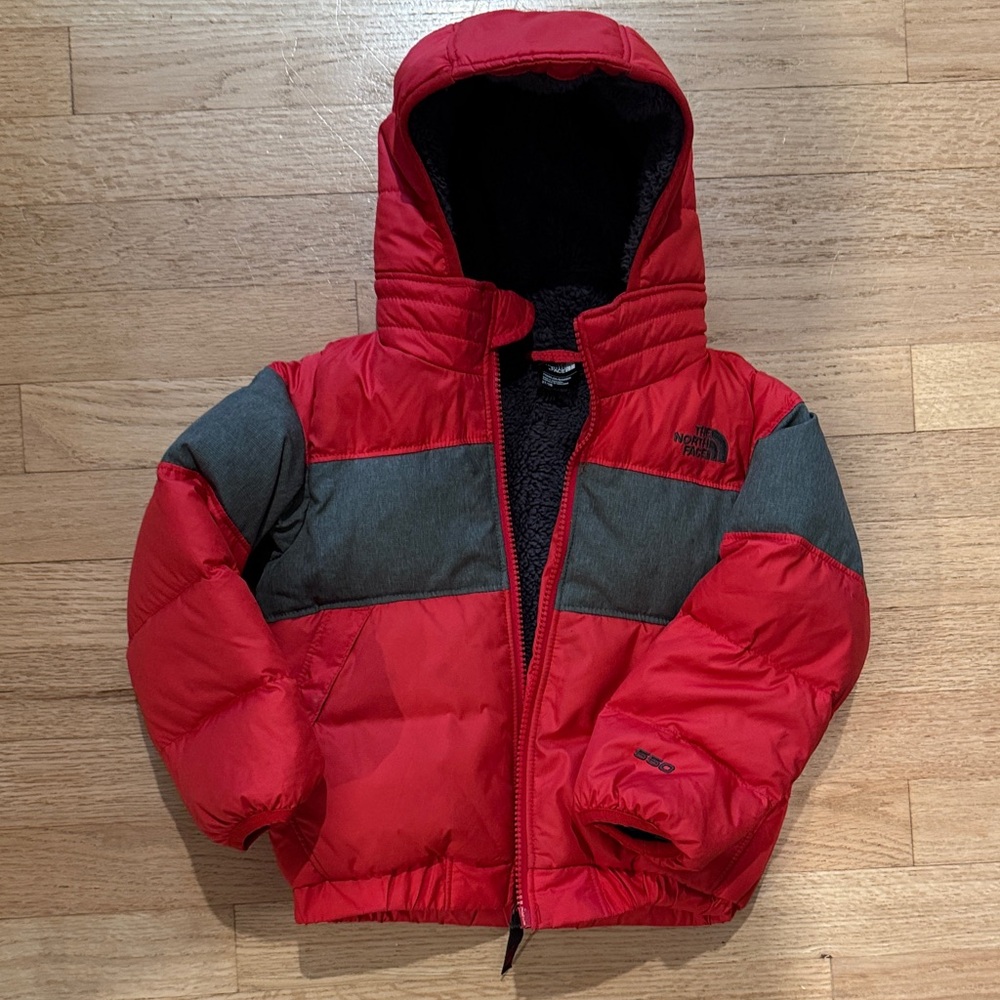 Red and Gray Hooded Puffer Jacket